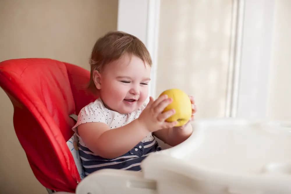 Small child sitting in a highchair with an apple in hand