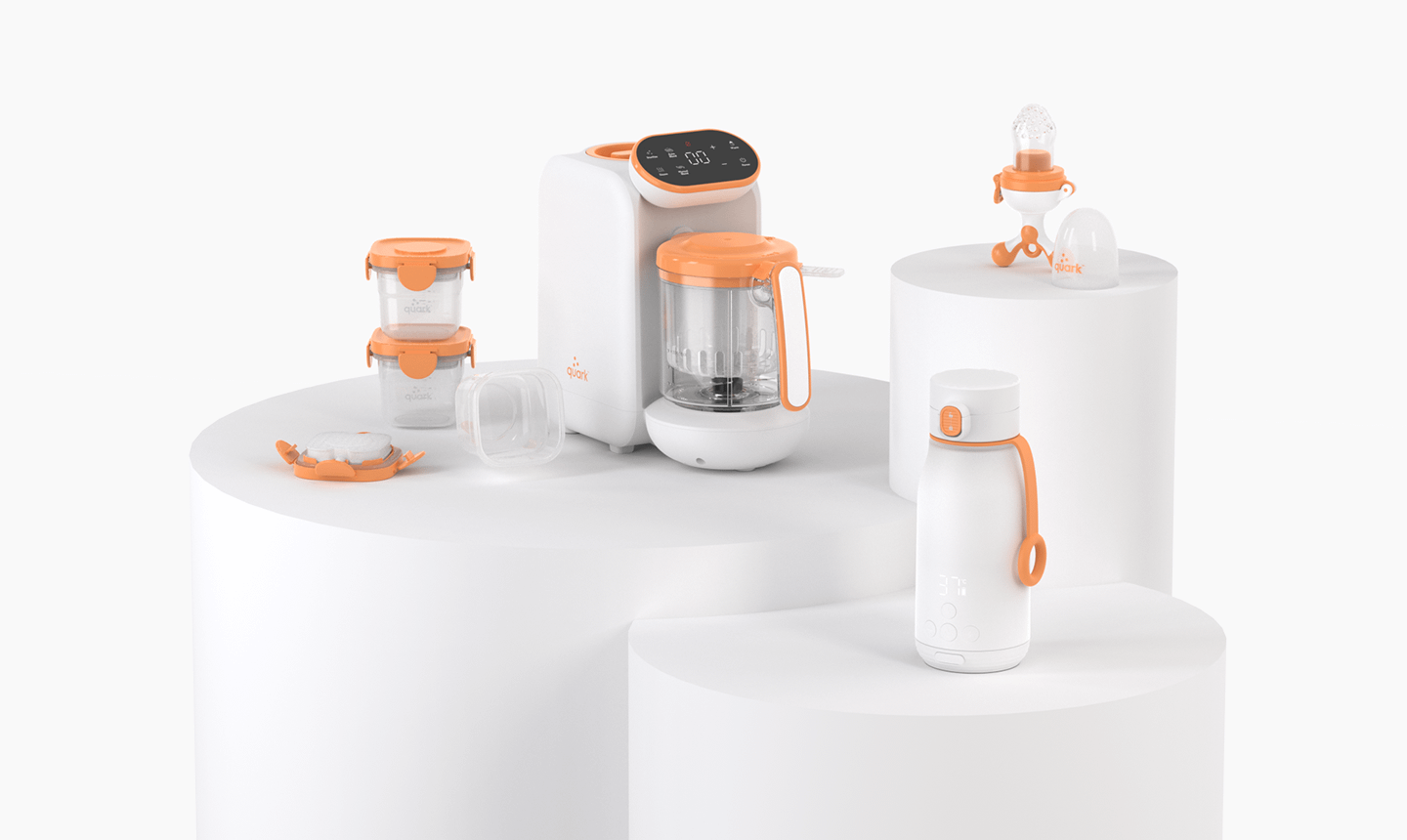 Quark Fresh Prep Bundle of baby products including a baby food processor, storage containers, freezer tray, and baby fruit feeder